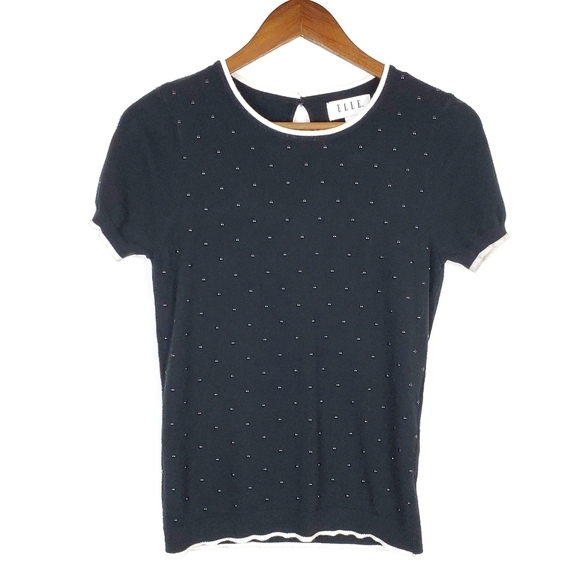 ELLE Short Sleeve Beaded Top Small Black Crew Neck - Picture 1 of 7